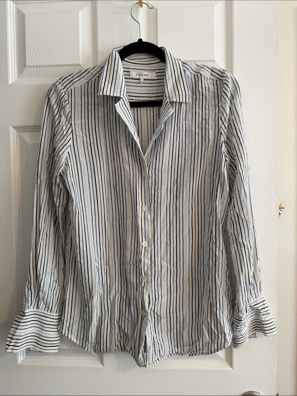 Frame Denim White Button-Down Shirt with Blue Vertical Stripes